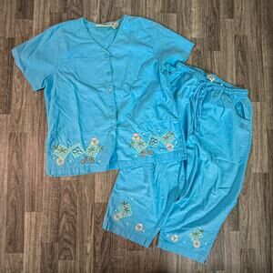 Jane Ashley Cotton Lounge Set Top L Pants M Blue Embroidered Beach Coastal